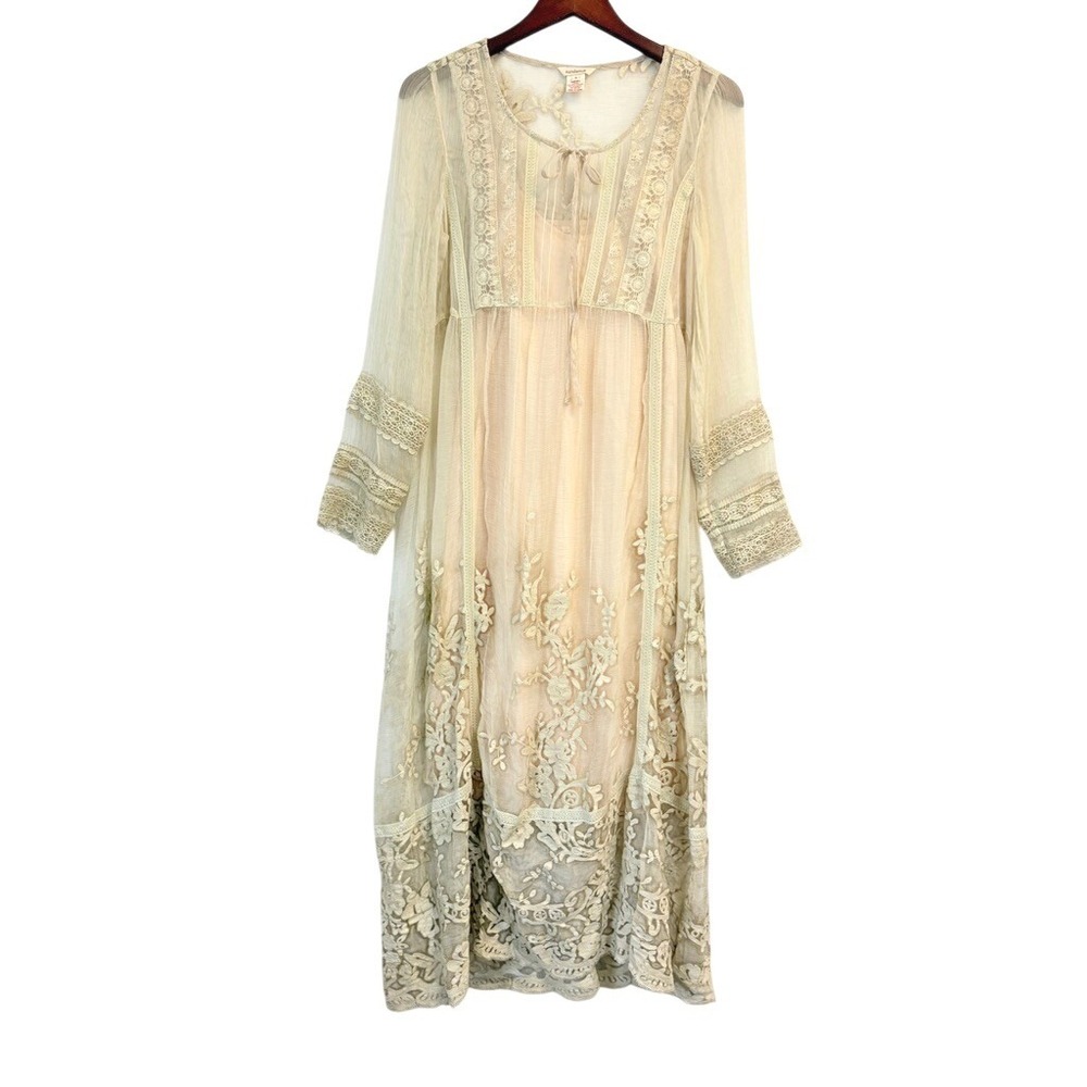 Sundance Silk Embroidered Lace Sheer Fairy core Elven Dress Cream Pink Small